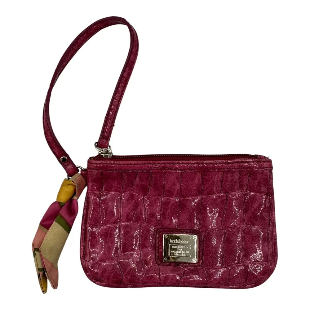 Liz Claiborne Wristlet Clutch Fuchsia Croc Embossed‎ Evening Bag Scarf Accent